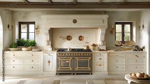 a kitchen with a stove top oven sitting inside of a kitchen next to a table with a bowl of fruit on it. photo