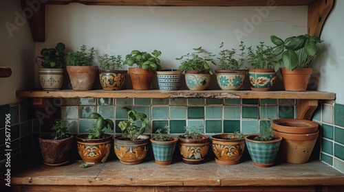 a shelf filled with lots of potted plants on top of a tiled wall next to a potted plant.