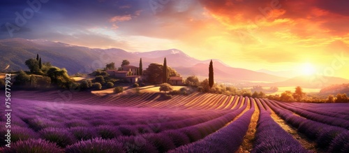 A picturesque sunset over a lavender field with a village in the background, creating a stunning natural landscape against the colorful sky and cumulus clouds