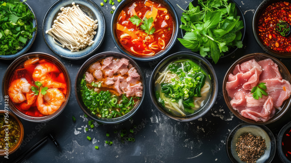 Chinese hotpot with broth, meat, vegetables in bowls, top view, traditional food, national dish, Asian cuisine, China, greens, plates, delicious
