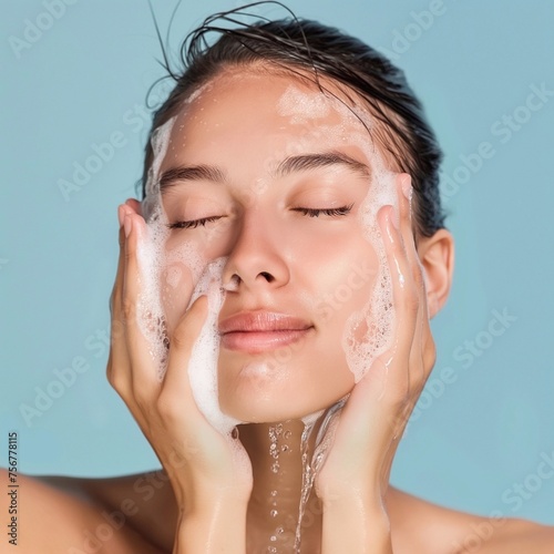 european woman washing her face with clean water. On a flat color background generative ai art