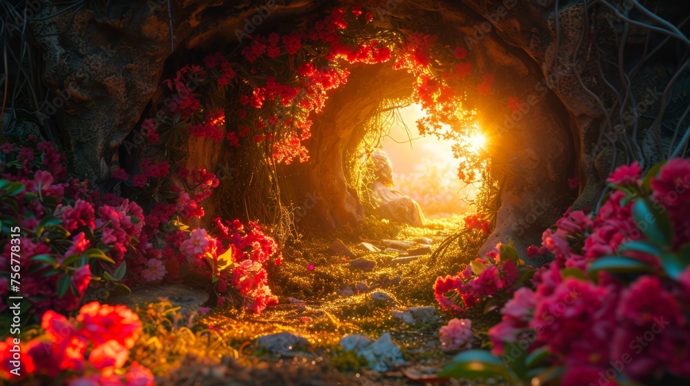 Cave opening surrounded by blooms with the sun rising in the background. Floral archway leading to a sunlit horizon. Concept of new beginnings, rebirth, nature's frame, hope, and the warmth of dawn. - obrazy, fototapety, plakaty 