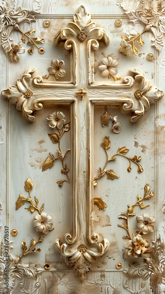 Luxurious Gold-ornate cross set against textured backdrop. Concept of rich spirituality, faith, heavenly grace, Lent, religious, Easter celebration, resurrection. Art. Vertical format Luxurious Gold-ornate cross set against textured backdrop. Concept of rich spirituality, faith, heavenly grace, Lent, religious, Easter celebration, resurrection. Art. Vertical format