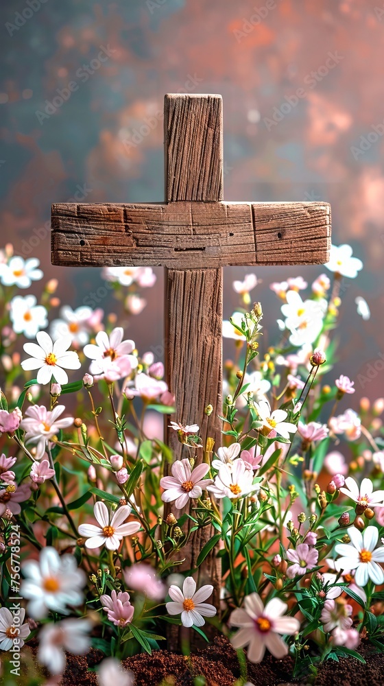 Wooden cross in the field among blooming flowers. Concept of Easter greetings, celebration, resurrection joy, natural burial, memorial. Art. Postcard. Vertical Wooden cross in the field among blooming flowers. Concept of Easter greetings, celebration, resurrection joy, natural burial, memorial. Art. Postcard. Vertical