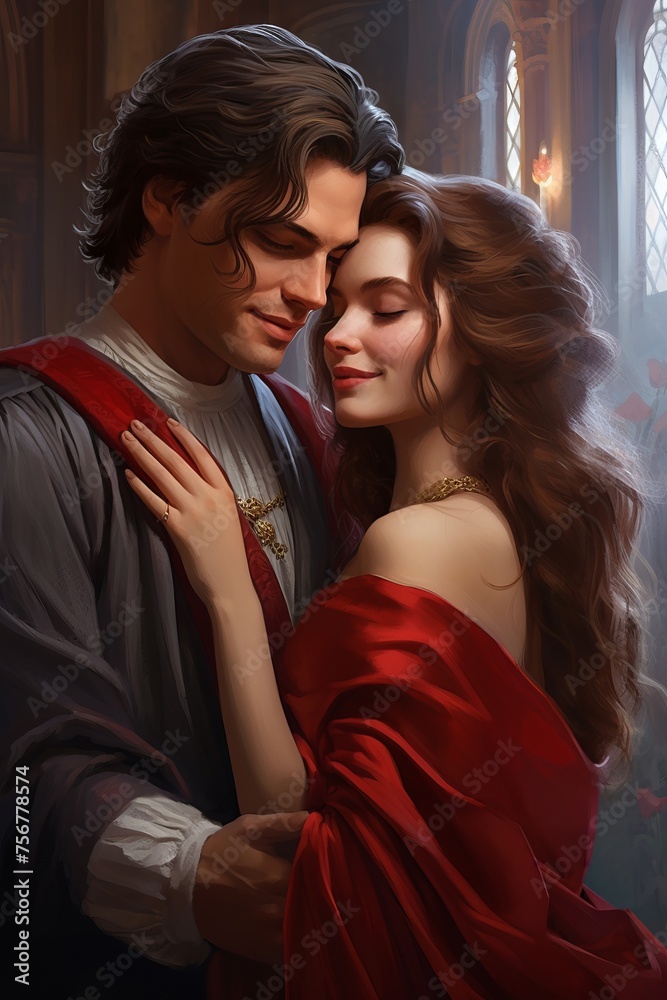 Man and woman embracing tenderly. Romantic couple in historical attire. King and Princess. Concept of period romance, historical drama, royal love story. Cover for women's romance novel. Vertical. Man and woman embracing tenderly. Romantic couple in historical attire. King and Princess. Concept of period romance, historical drama, royal love story. Cover for women's romance novel. Vertical.