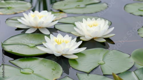 a group of white water lilies floating on top of a body of water with lily pads on top of it.