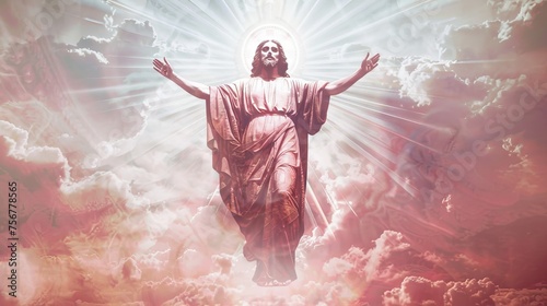 Jesus Christ with outstretched arms among clouds. Divine figure in a radiant, heavenly setting. Concept of faith, spirituality, Easter, resurrection, Christian beliefs, and religious art.