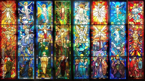 Christian lore unfolds in this array of stained-glass panels. Each piece a colorful fragment of the greater religious narrative. Concept of divine artistry, biblical teachings, and inspirational craft photo