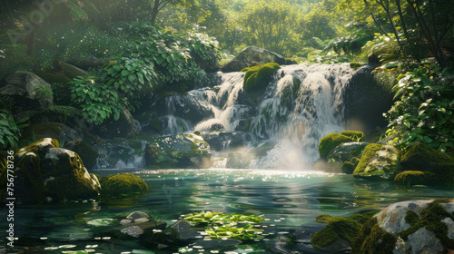 Mystical Waterfalls  Showcase a hidden waterfall nestled within a dense forest  with cascading water plunging into a crystal-clear pool surrounded by moss-covered rocks and verdant greenery.