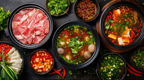 Chinese hotpot with broth, meat, vegetables in bowls, top view, traditional food, national dish, Asian cuisine, China, greens, plates, delicious photo
