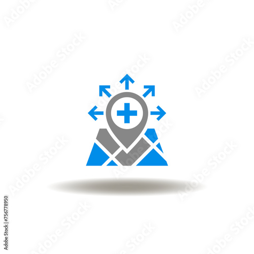 Vector illustration of map location pointer arrows arround inside medical cross medicaid expansion. Symbol of