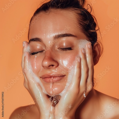 european woman washing her face with clean water. On a flat color background generative ai art