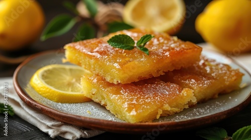 a close up of a plate of food with lemons and lemon wedges on the side of the plate.
