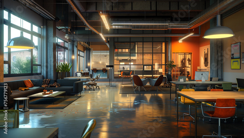 Trendy Co-working Space, characterized by Industrial Chic style with exposed ductwork and modern furnishings