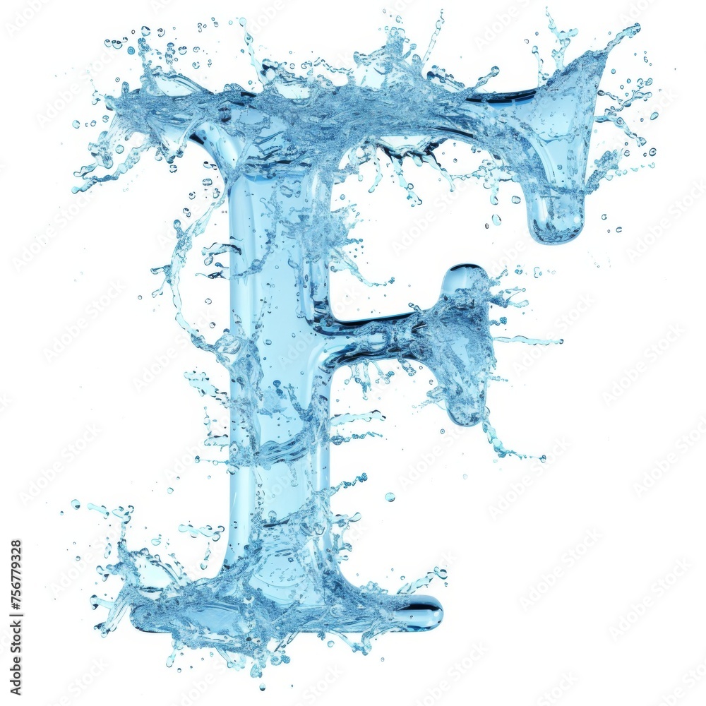 Latin letter F, texture of water, ice and splashes on white background. Close-up of one isolated large letter F.