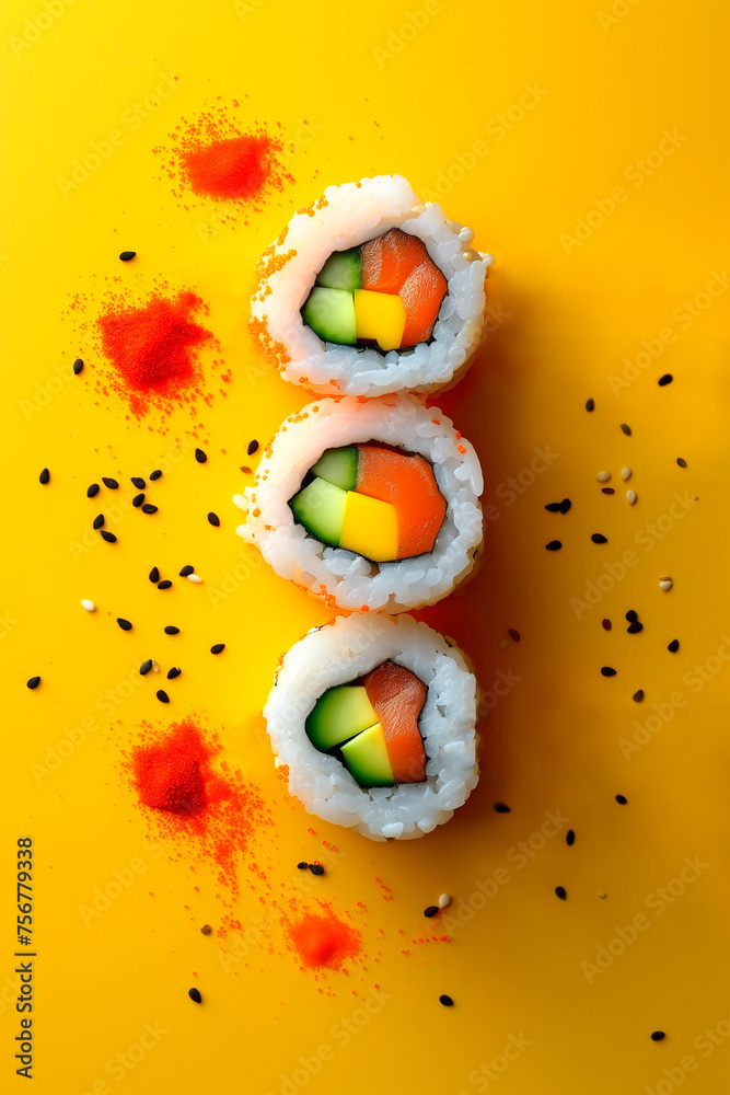 Obraz premium A set of fresh sushi rolls with salmon, avocado and black sesame seeds on bright background. Japanese food.