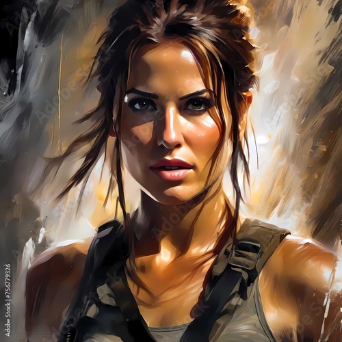Analog style, Lara Croft from Tomb Raider, perfect face, sexy face, detailed pupils, character portrait, Impressionist brushstrokes, defiant pose, smirk. Generative AI