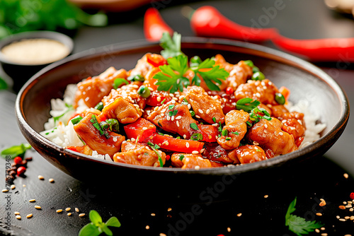 fried crispy chicken with vegetables, sesame seeds, sweet and sour sauce in Korean style. Asian food, vegetables in bowl.