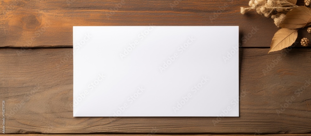 A white rectangular card is displayed on a hardwood table next to a dried flower. The symmetry of the room is complemented by the font on the card, creating a serene atmosphere A white rectangular card is displayed on a hardwood table next to a dried flower. The symmetry of the room is complemented by the font on the card, creating a serene atmosphere