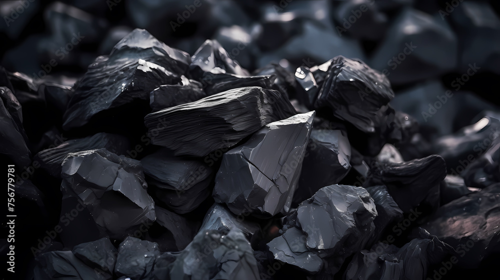 Natural black coal in dark low light, symbolizing industrial strength and energy