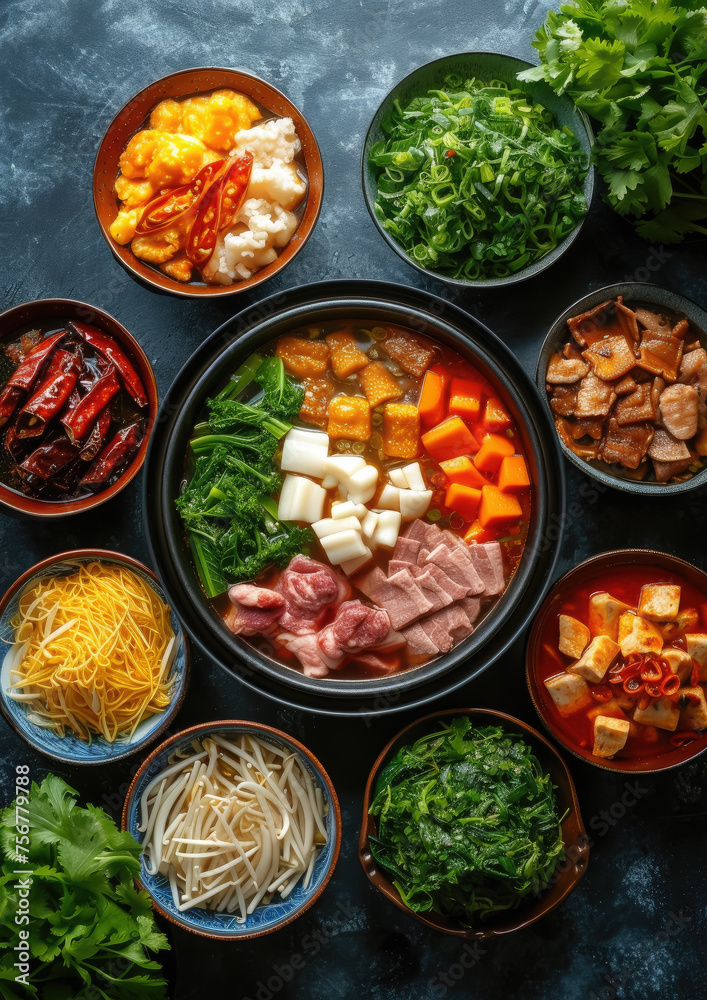 Chinese hotpot with broth, meat, vegetables in bowls, top view, traditional food, national dish, Asian cuisine, China, greens, plates, delicious Chinese hotpot with broth, meat, vegetables in bowls, top view, traditional food, national dish, Asian cuisine, China, greens, plates, delicious