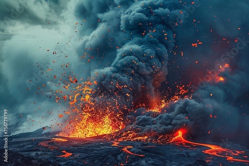 Big eruption of volcano at night. Volcano eruption with smoke and flames. 