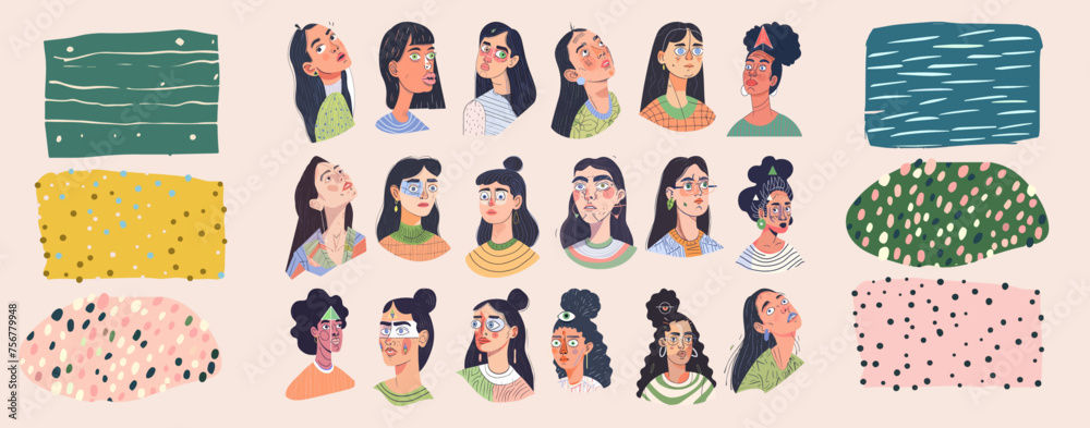 Obraz premium Collage of diverse female portraits paired with playful abstract patterns, celebrating beauty and individuality.