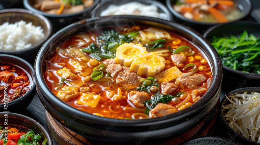 Chinese hotpot with broth, meat, vegetables in bowls, top view, traditional food, national dish, Asian cuisine, China, greens, plates, delicious Chinese hotpot with broth, meat, vegetables in bowls, top view, traditional food, national dish, Asian cuisine, China, greens, plates, delicious
