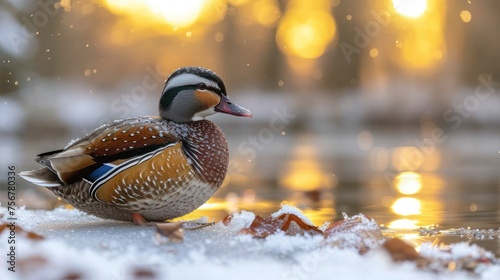 a duck sitting on top of a pile of snow next to a body of water with trees in the background. photo