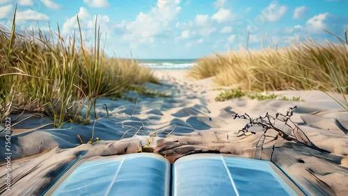 Open book on the beach with sand dunes and blue sky background photo