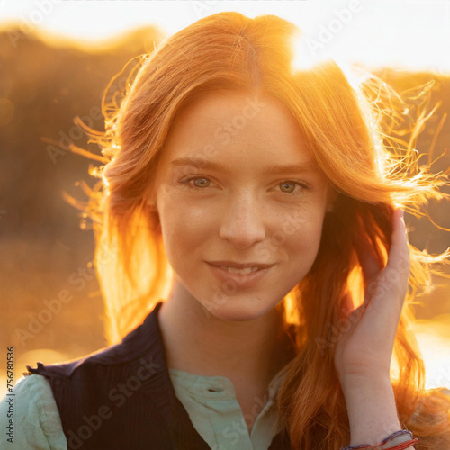 Portrait einer rothaarigen Frau mit feuerrotem Haar mit Sonnenaufgang im Hintergrund; Frau spielt mit ihrem Haar und schaut verliebt in die Kamera; das Licht leuchtet golden in ihren Haaren; Herbst