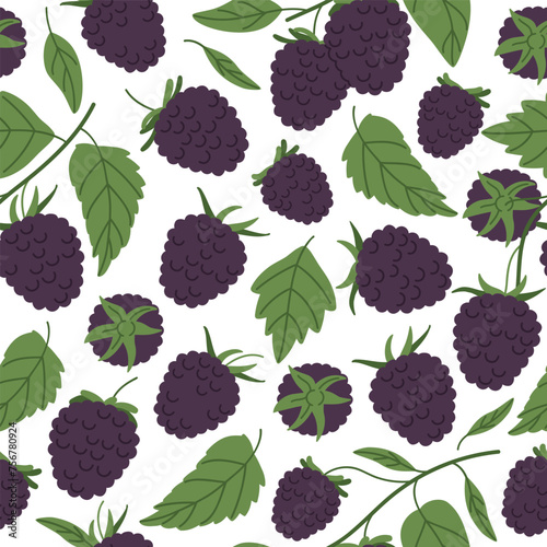 Blackberries seamless pattern. Forest blackberry endless design, fresh berry for healthy nutrition flat vector background illustration. Hand drawn blackberry pattern