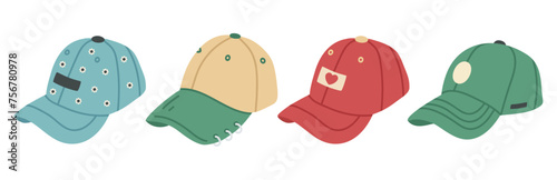 Modern baseball caps. Colorful sport headwear, unisex fashion accessories flat vector illustration set. Textile sport caps on white