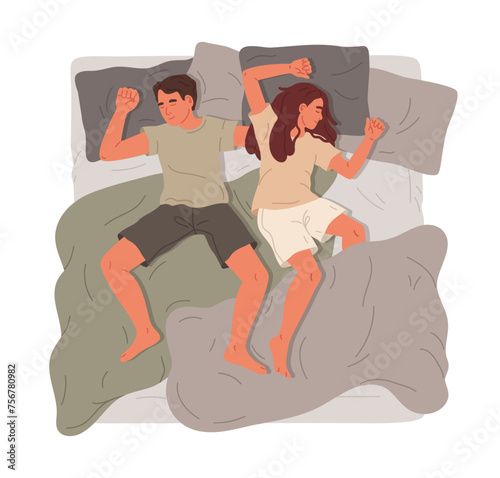 Man and woman sleeping in bed. Couple or young family resting in cozy bed, napping characters flat vector illustration. Male and female person sleeping on bed