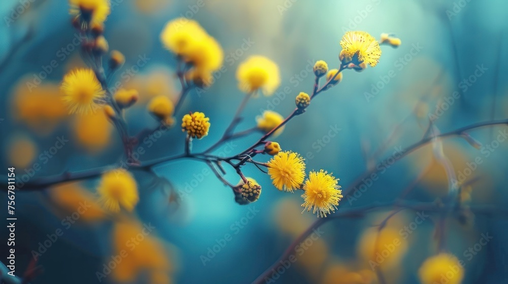 a bunch of yellow flowers sitting on top of a tree branch in front of a blue and green background with a blurry sky in the background. a bunch of yellow flowers sitting on top of a tree branch in front of a blue and green background with a blurry sky in the background.