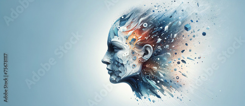 Dissolving human face. Creativity and Mental Health in a futuristic and abstract illustration. Banner copy space. Behavior. Psychology concept. Blue background