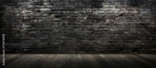 A dimly lit room with grey brickwork walls and wooden flooring resembling a road surface, creating a unique blend of building materials