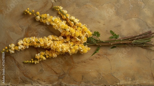 a bunch of yellow flowers sitting on top of a stone wall next to a bunch of green leaves and stems. photo