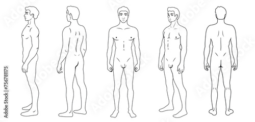 Outline anatomical naked body full length of a man, front, side, 3-4 and back view, vector illustration. Body isolated on white
