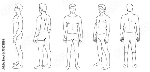 Outline anatomical body full length of a man, front, side, 3-4 and back view, vector illustration. Body isolated on white