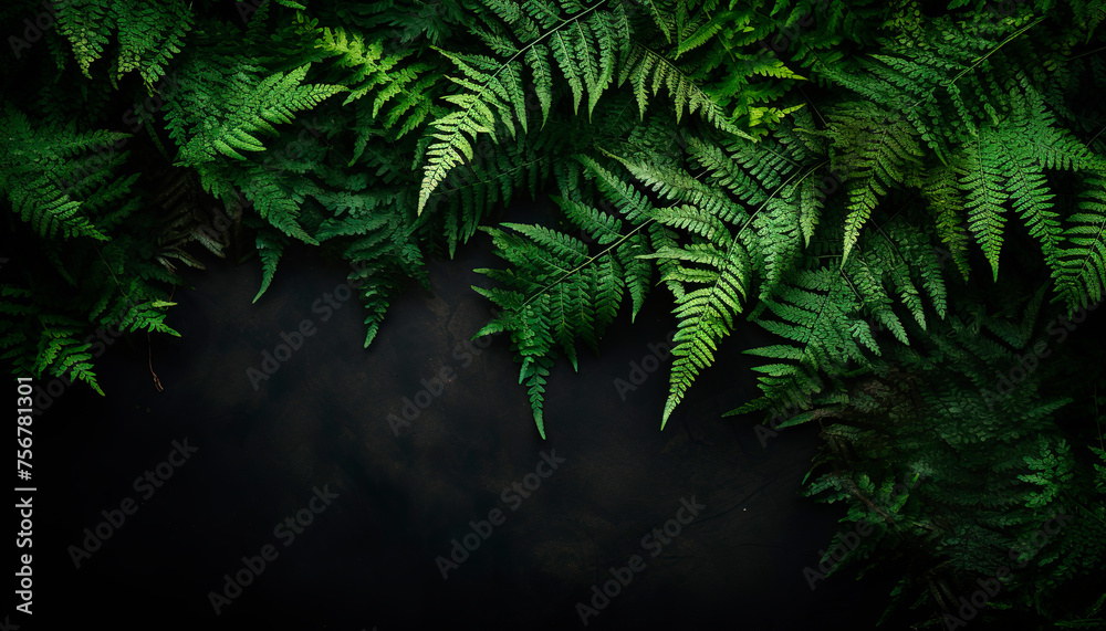 Fern leaves on the left on grey background dark black stone marble floral banner border ecological botanical space for text