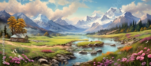 A scenic painting of a river flowing through a valley with mountains in the background, showcasing the beauty of natural landscapes and fluvial landforms