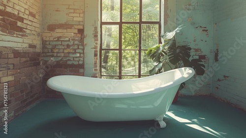 a bathtub sitting in front of a window in a room with a brick wall and a potted plant. © Olga