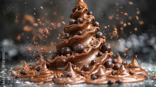 a close up of a chocolate christmas tree made out of pieces of chocolate and sprinkled with chocolate chips.