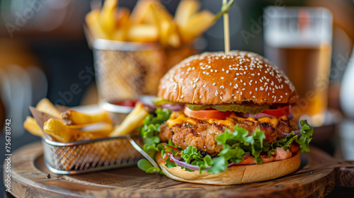 tasty chickenburger, served on a wooden plate, with a serving basket full of fries, and a side salat