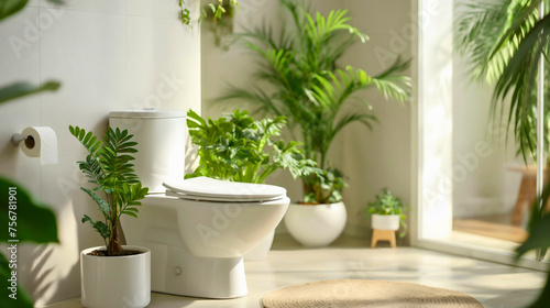 Empty modern bathroom interior design with white WC toilet bowl and houseplants in pots. Sunlight coming through the window  clean sanitary decor and hygiene indoors. Nobody  copy space  paper roll