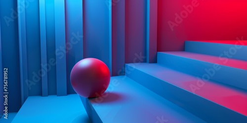 A red ball is sitting on a blue staircase - stock background.
