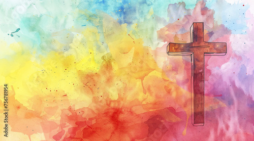 Christian cross on colorful watercolor style painting, copyspace background, christianity concept hd