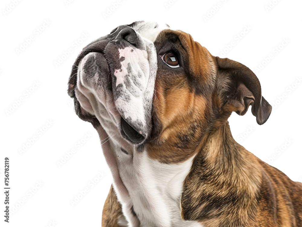 bulldog looking up, closeup sideview portrait isolated on transparent background
