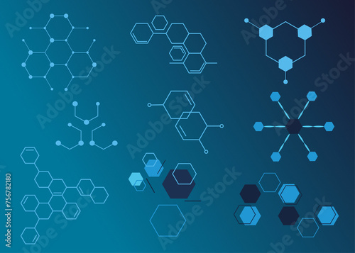 Hexagonal structures. Chemical illustration. Chemical molecular symbols. Science technology signs. Abstract geometric line shapes connection. Molecule crystal cell. Vector medical laboratory icons set